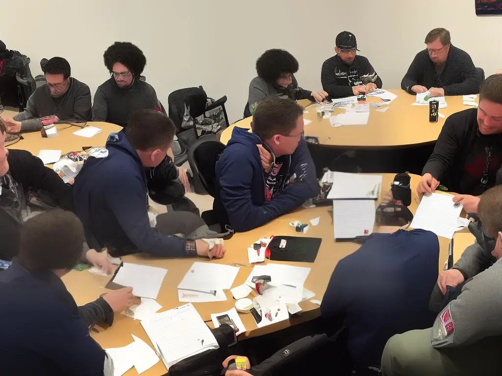 A group of people sitting around a table playing Yahtzee with intense focus during a tournament.